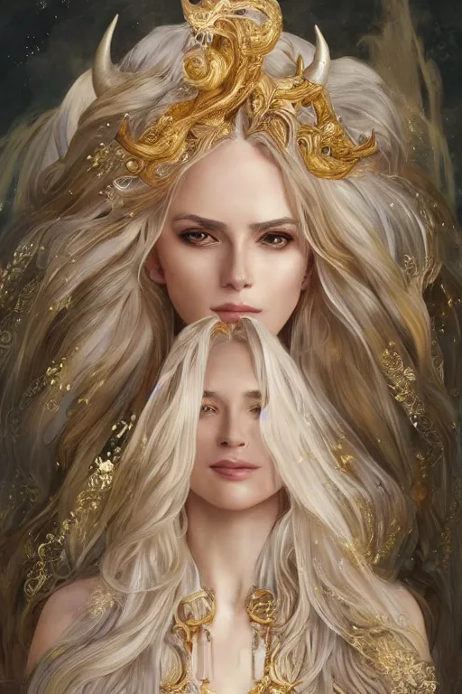 Image similar to fullbody!! of a beautiful woman with long white hair, big natural horns on her head, long flowing intricate dress, gold jewellery, dnd, face, fantasy, intricate, elegant, highly detailed, digital painting, artstation, concept art, smooth, sharp focus, illustration, art by artgerm and greg rutkowski and alphonse mucha