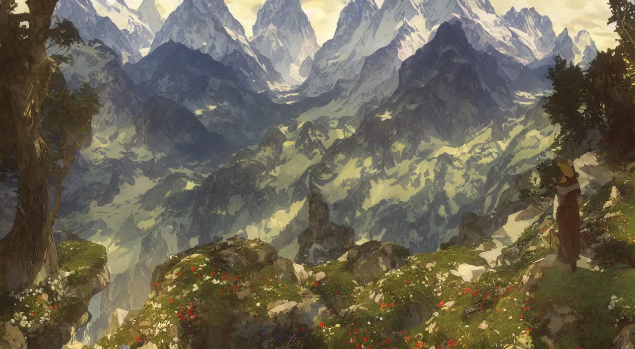 Prompt: A beautiful landscape painting of the swiss alps by Alfons Maria Mucha and Julie Dillon and Makoto Shinkai