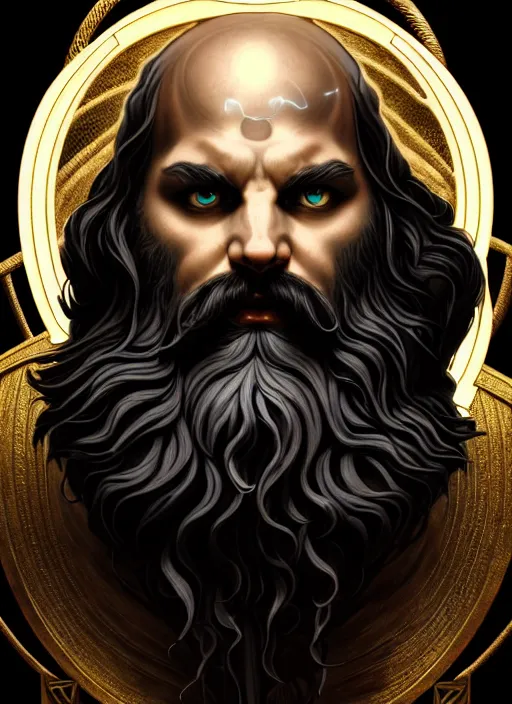 Image similar to furious god zeus, wavy black hair, bushy beard, glowing eyes, volumetric lights, cyan and gold scheme, art nouveau botanicals, gothic, intricate, highly detailed, digital painting, artstation, concept art, smooth, sharp focus, symmetric face, illustration, steampunk, art by artgerm and greg rutkowski and alphonse mucha