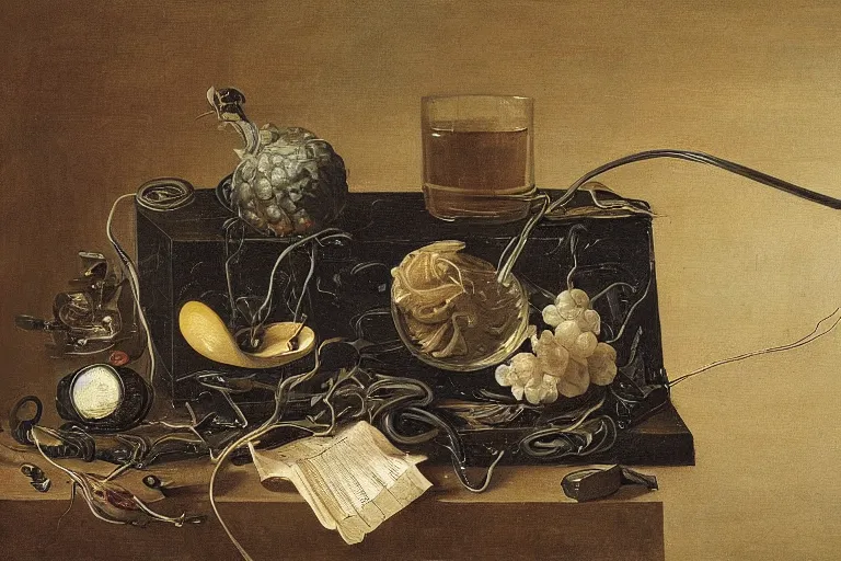 Image similar to a vanitas painting by clara peeters and pieter claesz, depicting an NVIDIA RTX GPU , graphics card, cables, wires