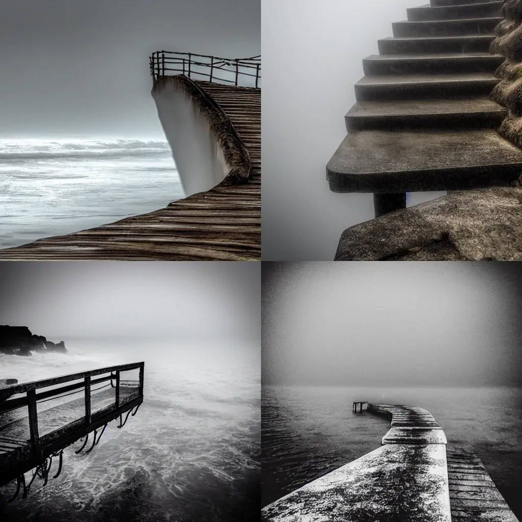 Prompt: staircase coming out of the ocean, overcast day, foggy, moody