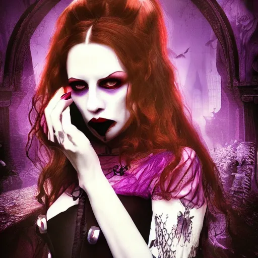 Image similar to vampiress in wonderland mcgee's alice lavender mysterious portrait sharp focus cinematic 8 k highly detailed realistic gothic