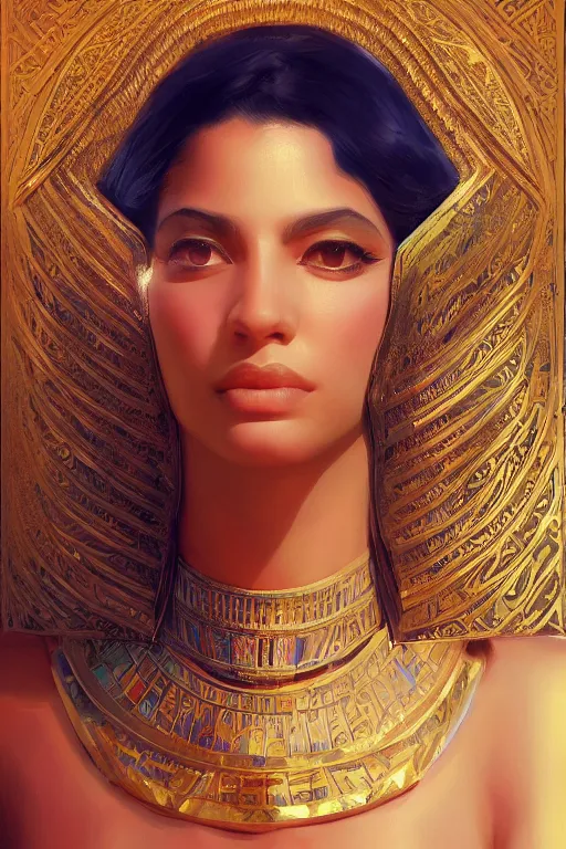 Prompt: Donia Samir Ghanem as egyptian princess, gorgeous, portrait, powerful, intricate, beautiful, masterpiece, elegant, volumetric lighting, digital painting, highly detailed, artstation, sharp focus, illustration, Hajime sorayama, ruan jia