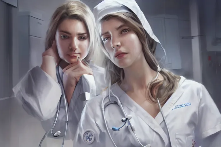 Image similar to a poster of emergency room, an elegant and beautiful female doctor in a white coat in a hospital ward, cinematic, highly detailed, digital painting, artstation, concept art, matte, sharp focus, illustration, art by artgerm and greg rutkowski