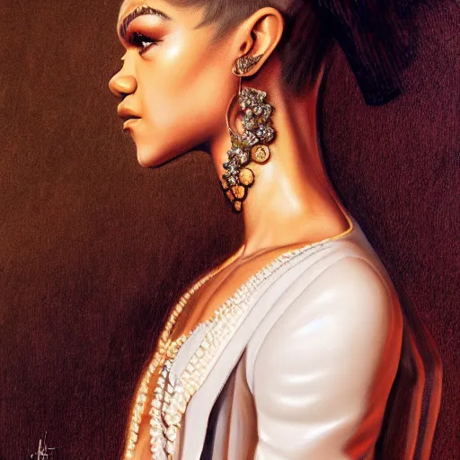 Image similar to painted portrait of zendaya wearing baroque clothing, profile view, extremely detailed, anatomically correct, hd, 8k, high quality, high res