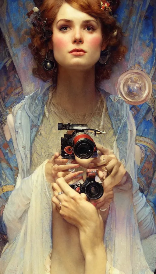 Image similar to hyper realistic photographer looking through camera, magical, painted by james gurney, norman rockwell, tom bagshaw, mucha, gaston bussiere, craig mullins, j. c. leyendecker 8 k