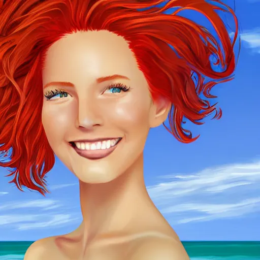 Prompt: digital art of redhead at the beach, freckles, dimples, smiling, flirting, eye contact