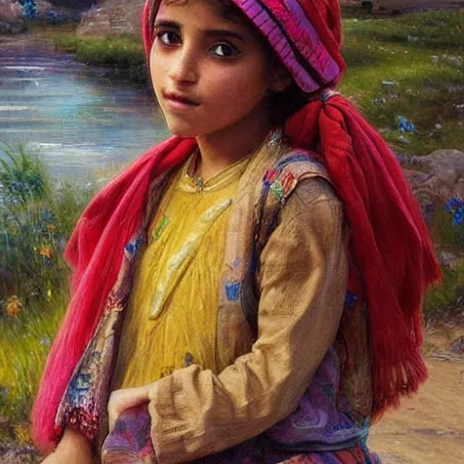 Image similar to beautiful painting by sophie anderson of a beautiful young kurdish girl by a river in a kurdish village, award winning art, insanely detailed, bright colors, global illumination, cute, young, stunning