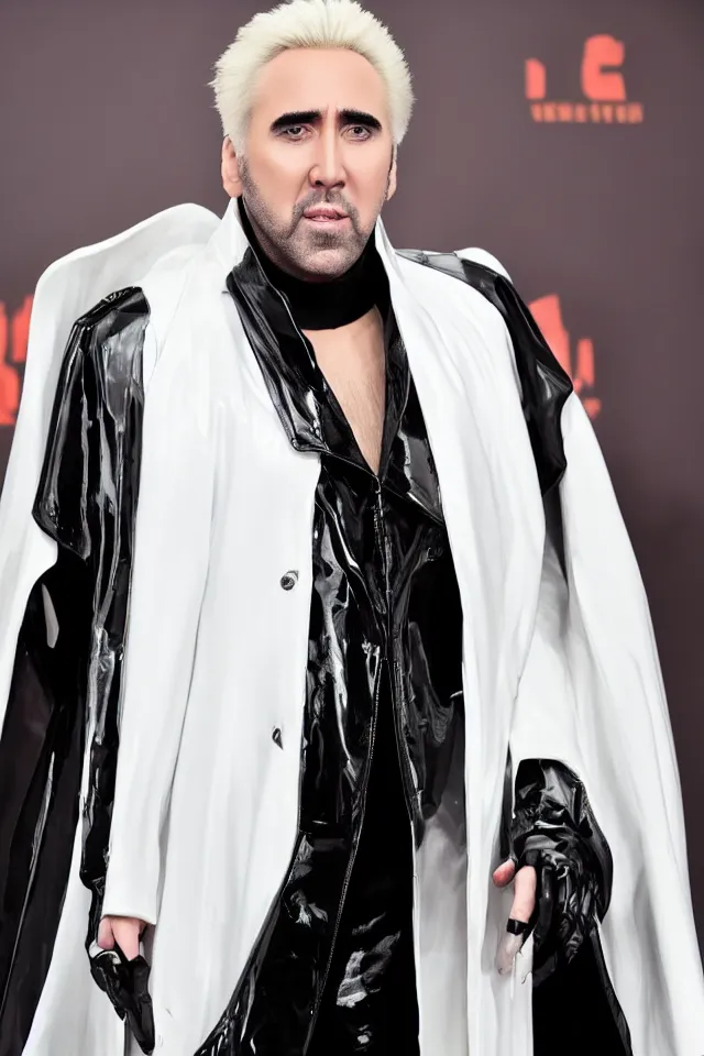 Image similar to a pale white hair Nicolas Cage in a black latex acronym cape, in the style of mike dringenberg and ashley wood