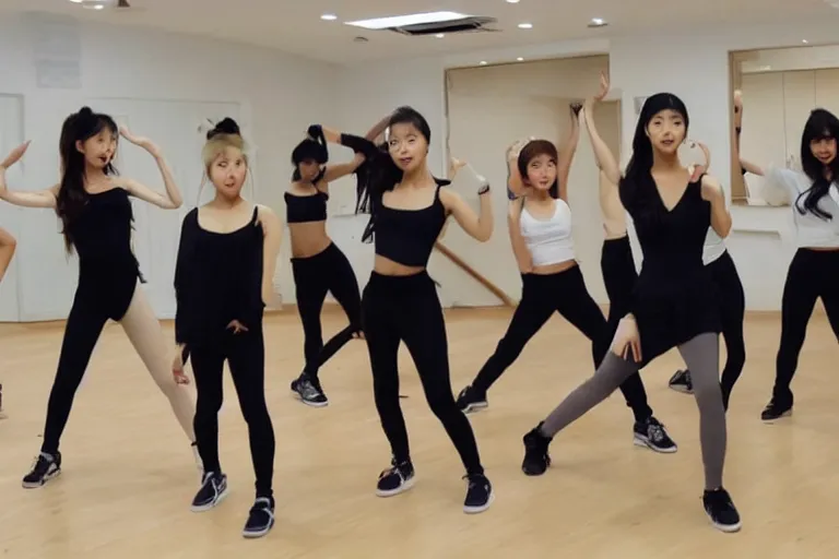 Prompt: a kpop girl group dance practice