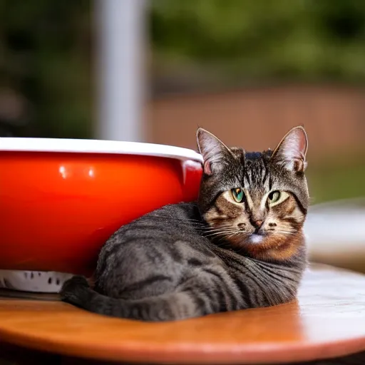 Prompt: a cat sitting on a bowl with tomato soup, professional photography