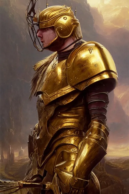 Image similar to a beautiful valkyrie , half body portrait, ginger hair, heavy gold armour, realistic oil painting by Thomas Cole and Wayne Barlowe and Boris Valejo