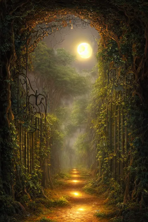 Image similar to a beautiful digital illustration painting of a detailed gothic fantasy fireflies forest trees and iron gate cobblestone pathway vines full moon by justin gerard, james gurney, 8 k resolution trending on artstation concept art digital illustration