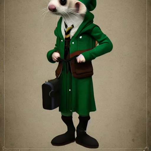 Image similar to a anthropomorphic ferret is dressed as a hogwarts student in slytherin robes, hyperdetailed, artstation, cgsociety, 8 k