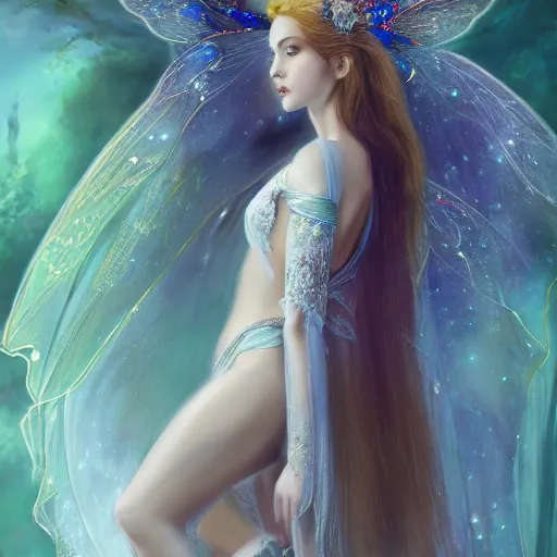 Image similar to detailed portrait of a fairy queen with wings wearing a silk and lace robe and a lace hood over her face, pixie, realism, emerald, galaxy, sapphire,blonde hair going down to the floor, moonlit, dark fantasy, dramatic lighting, cgsociety, artstation