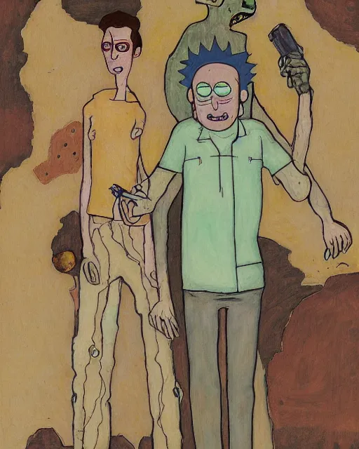 Image similar to portrait of rick and morty by egon schiele in the style of greg rutkowski