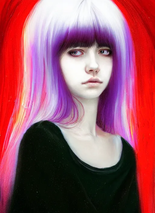 Image similar to hair whitebangs hair, black hair, whitebangsblackhair, portrait of teenage girl with white bangs, messy bangs, curly bangs, whitebangs, red irises, purple clothes, intricate, elegant, glowing lights, highly detailed, digital painting, artstation, concept art, sharp focus, illustration, art by wlop, mars ravelo and greg rutkowski