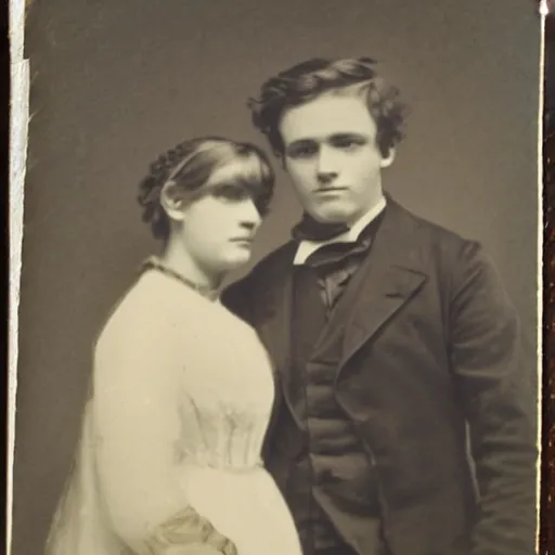 Image similar to antique black and white photograph of a young couple, studio lighting, cardboard cutout backgrounf 1 8 7 6