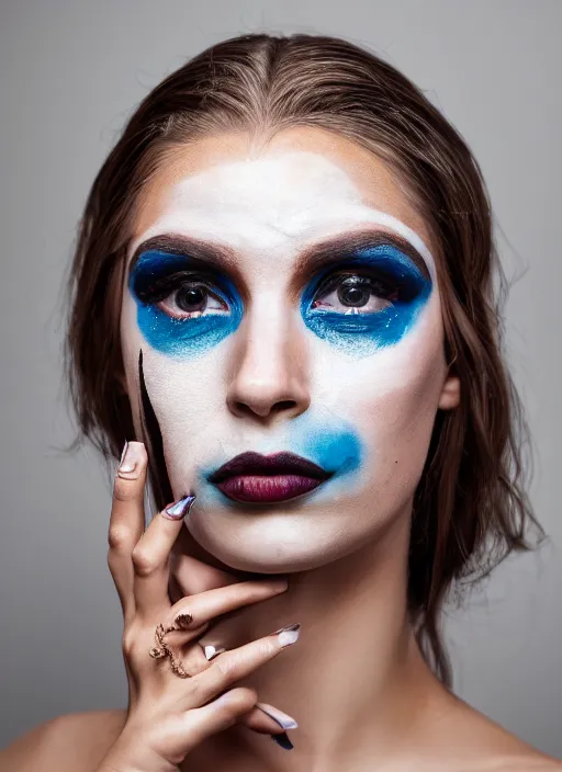 Prompt: a creative portrait of a beautiful female model, beauty shot, photography, creative makeup, face paint, female character, canon eos r 3, f / 1. 4, iso 2 0 0, 1 / 1 6 0 s, 8 k, raw, unedited, symmetrical balance, in - frame