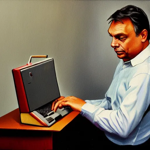 Image similar to viktor orban programming a commodore 6 4 in a cubicle, oil painting