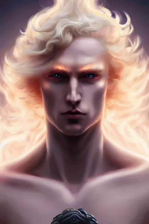 Image similar to digital art of a pale menacing male Cyborg Angel of Battle with fluffy blond curls of hair and piercing opal eyes, third eye forehead pearl, central composition, he commands the fiery power of resonance and wrath, very very long blond curly hair, baroque curls, by WLOP, Artstation, CGsociety