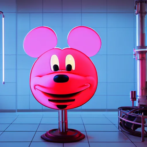 Image similar to render of mechanics working on bloody mickey mouse head in facility laboratory, with glowing red netflix logo, low light with only 1 mint and 1 red light, made by beeple, cgsociety, octane render, unreal engine, cinema 4 d, artstation, 4 k highly detailed art