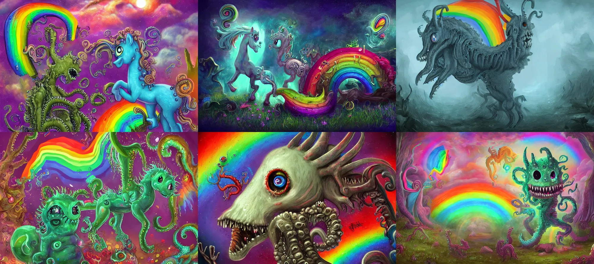 Prompt: a very friendly unimaginable horror beyond human comprehension, a very detailed digital art, trending on art station, friendly art, lovecraftian monster, positive and fun vibes, rainbows and ponies