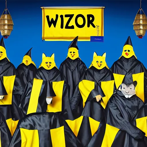 Prompt: cat wizards dressed in yellow raincoats. A banner that reads 'Wiz Biz only, Fools' adorns the back wall. Hypermaximalistic, hyper detailed 4k resolution