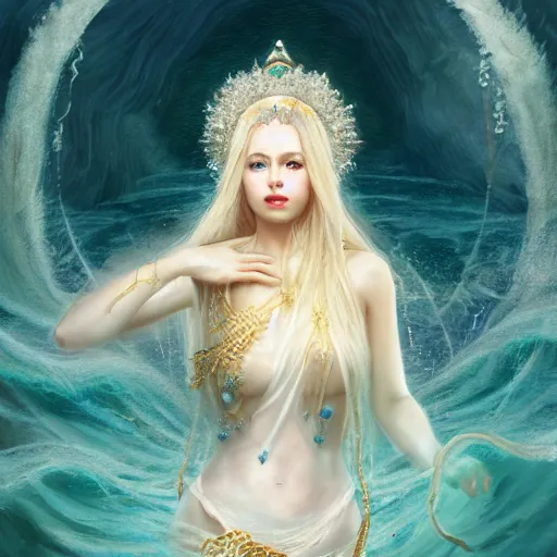 Image similar to breathtakingly detailed concept art painting full body painting, goddess floating on the sea bottom, blond hair in white sheer dress, orthodox saint ornate background, created by hsiao - ron cheng, very moody lighting, 8 k