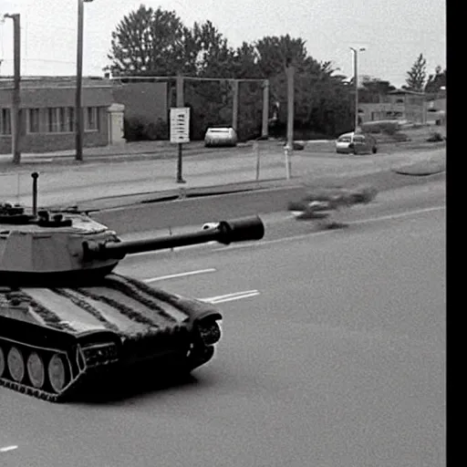 Image similar to cctv footage of a t - 9 0 tank driving past a suburban neighbhoorhood, realistic, highly detailed, black and white, at night, taken on a security cctv camera.