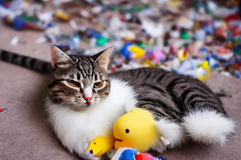 Prompt: funny cat hugging a plastic duck toy, laying in messy bed full of trash, insanely detailed, 8 k, hdr, gfx association, low angle, tilted, perfect lighting, macro lens, professional lenses awards winning trending on artstation, cover, national geographic best photo of the year