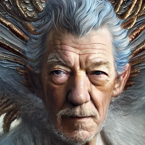 Image similar to closeup portrait shot of ian mckellen as king oberon, fairy wings, lord of beasts, highly detailed, digital painting, artstation, concept art, soft focus, depth of field, artgerm, tomasz alen kopera, peter mohrbacher, donato giancola, wlop, boris vallejo