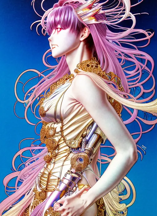 Image similar to highly detailed hajime sorayama terada katsuya artstation manga poster of girl mechine, rainbow gradient reflection bloom, long hair, weapon, armor, dress, laces, ruffles, 8 k, maximalist, ayami kojima, alphonse mucha