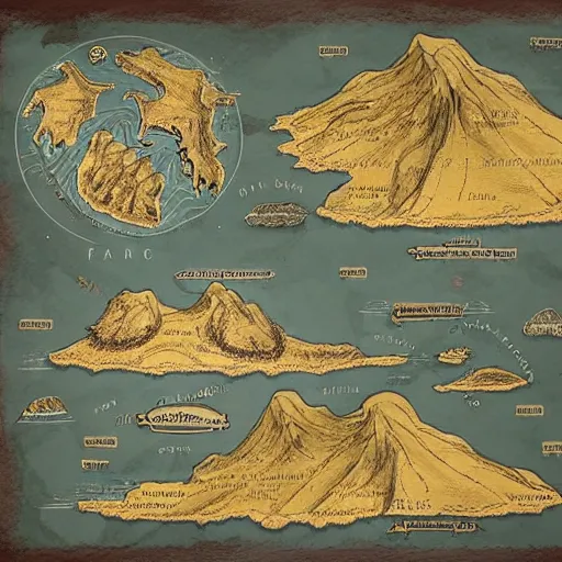 Prompt: imaginary map of an island, drawing of different elements in the lands, different realms, blueprint, infographic, on paper, natural colors, desert + sea + mountain + volcano + city + jungle, vintage, with notes, highly detailed, trending on artstation, fantasy art