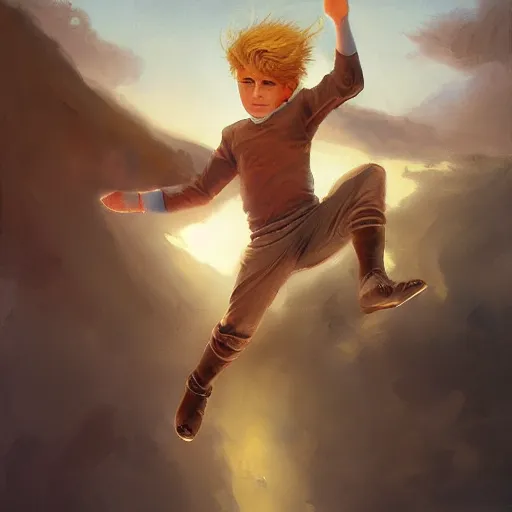 Image similar to blonde boy wearing a brown cape and flying in t pose, space background, oil painting, brush strokes, greg rutkowski