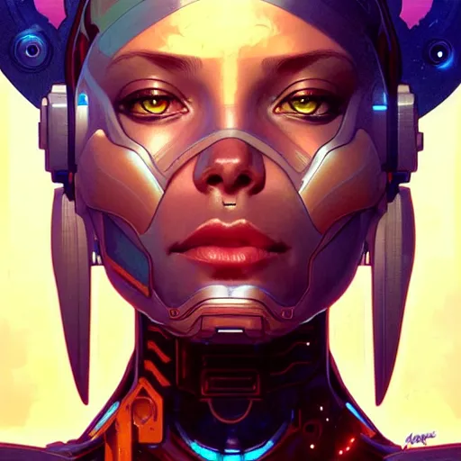 Prompt: cyborg, female, science fiction, portrait, highly detailed, digital painting, beautiful eyes, symmetry, concept art, sharp focus, illustration, art by artgerm and greg rutkowski and magali villeneuve and ilya kuvshinov! : : alphonse mucha : :