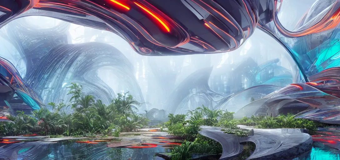 Prompt: highly detailed futuristic parametric architecture, vegetation, ground level view, puddles of turquoise water, foggy atmosphere, stunning sunny lighting, vivid colors, trending on artstation, 8 k, matte painting, ray tracing, hyper detailed, unreal engine 5, cinematic, epic lighting, cryengine, octane render, red and orange glow, vibrant