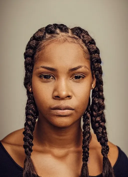 Prompt: portrait of a 2 3 year old woman, symmetrical face, braids, she has the beautiful calm face of her mother, slightly smiling, ambient light