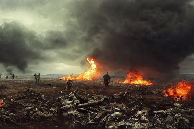 Image similar to desolate battleground, soldiers laying on the ground, thick dark smoke, vehicles on fire, heavy rain from thick clouds, mushroom cloud in the background, bleak, melancholy atmosphere, 4k artwork by Gregory Crewdson and Grzegorz Domaradzki and Ivan Shishkin and Jakub Rozalski