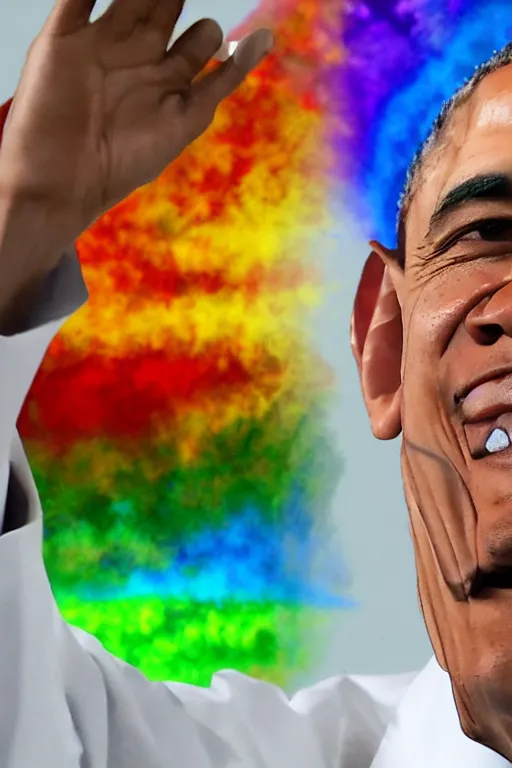 Prompt: president Obama wearing a lab coat injecting a rainbow into a frog