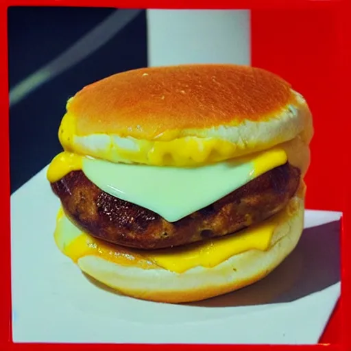 Image similar to a sausage egg and cheese mcmuffin, in the style of andy warhol