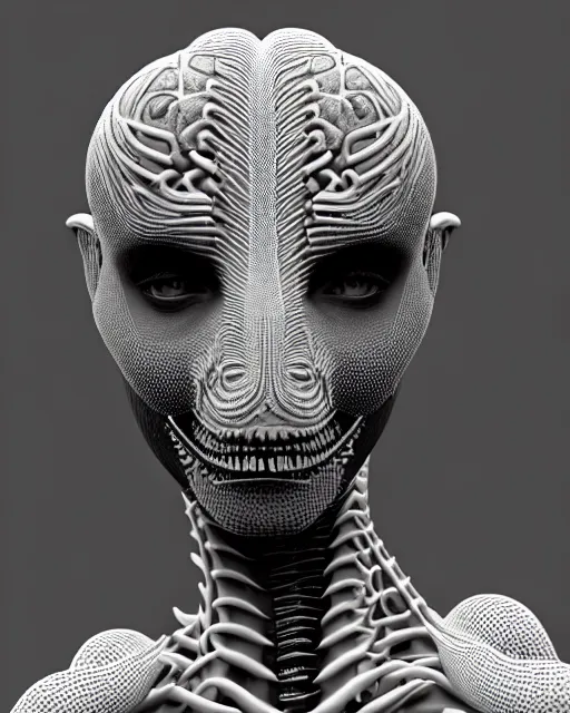 Image similar to a black and white 3D render of a young beautiful female queen-dragon-cyborg bust with a very long neck and Mandelbrot fractal face, Mandelbrot fractal skin, flesh, anatomical, facial muscles, veins, arteries, elegant, highly detailed, flesh highly ornated, hair are cable wires, elegant, high fashion, rim light, octane render, in the style of H.R. Giger, Realistic, Refined, Digital Art, Highly Detailed, Cinematic Lighting, rim light, black and white, photo-realistic, 8K