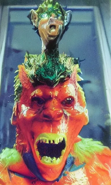 Image similar to colorful crystal gary busey creature, 9 0 s toy commercial, photo from the 7 0 s, horror lighting, neon lighting, polaroid photo,