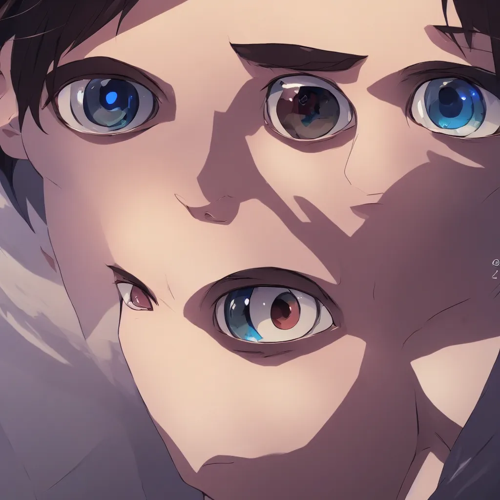 Image similar to fish eye lens close up of a man side eyeing the camera with a sympathetic look, style of makoto shinkai and artgerm and loish, dynamic lighting, trending on artstation, best of behance,