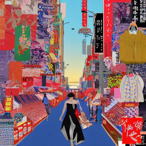 Image similar to maximalist paper collage art of a woman walking through a tokyo shopping district at sunset