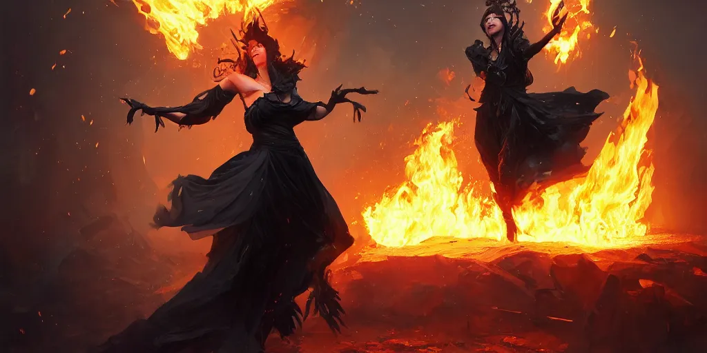 Image similar to The curvaceous black clothed sorceress casting a fire spell with her hands, Darek Zabrocki, Karlkka, Jayison Devadas, Phuoc Quan, trending on Artstation, 8K, ultra wide angle, pincushion lens effect.