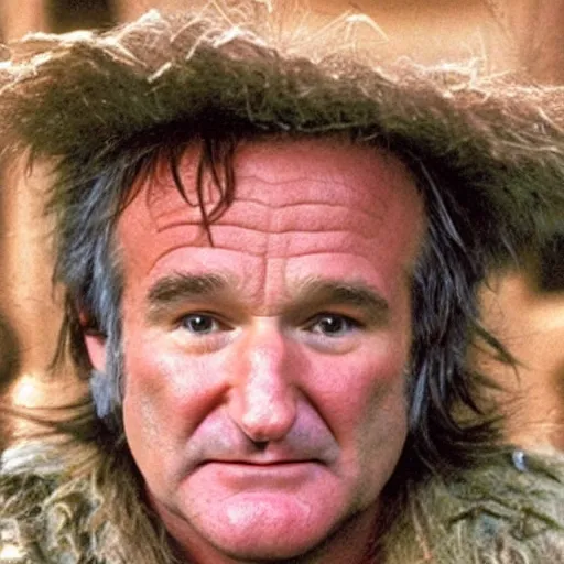 Image similar to robin williams as wurzel gummidge, looking in window at night, demented, wispy hair, drooling, slack jaw