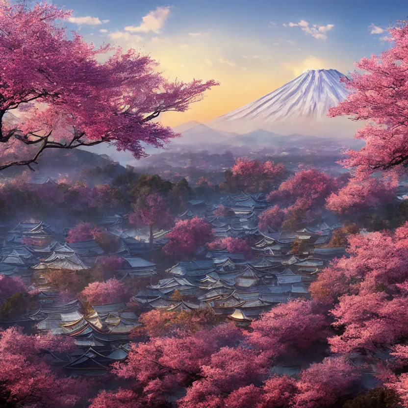 Image similar to old empty samurai city surrounded by sakura trees, beautiful valley and mountains with forest, sunrise on fuji, hyperrealism, matte painting, digital art, artistation