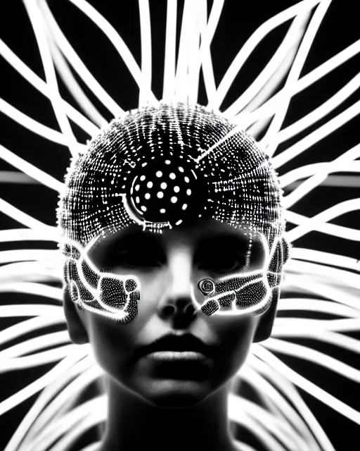 Image similar to black and white connected cyborg - plant goddess high quality photo, microchip, artificial intelligence, bio - mechanical bio - luminescence, black wired cables, neurons, nerve cells, cinematic, rim light, photo - realistic, elegant, high detail, 8 k, masterpiece, high fashion