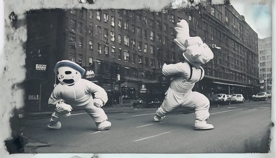 Prompt: the stay - puft marshmallow man breakdancing in harlem, new york, grainy, grungy, polaroid photograph, vintage, scanned